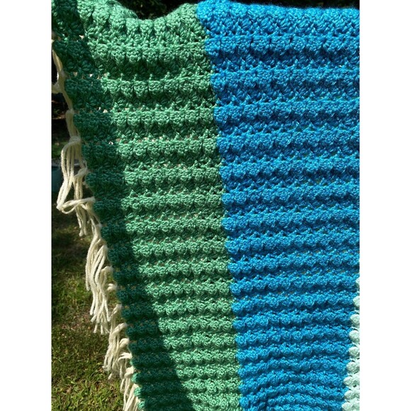 Handmade crochet striped multicolor heavyweight throw blanket afghan 84”x72” - Picture 6 of 10